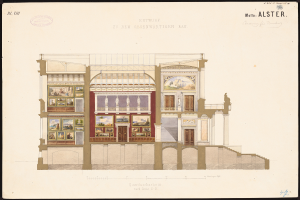 Ein detailliertes Bild einer Opernhausfassade, das zahlreiche Fenster, Türen, Säulen und farbenfrohe Gemälde zeigt, die das Innere darstellen, mit begleitendem Text, der den historischen Kontext liefert.