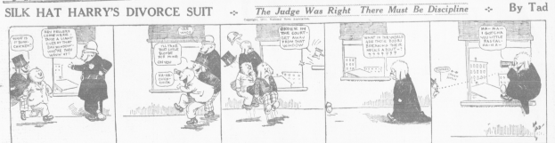 Cartoon-Illustration eines Mannes in einem schwarzen Anzug mit weißem Hemd und schwarzer Krawatte und einer Frau in einem eleganten Kleid mit schwarzem Schal, beide mit ernsten Gesichtern, beschriftet mit "Scheidungsprozess."