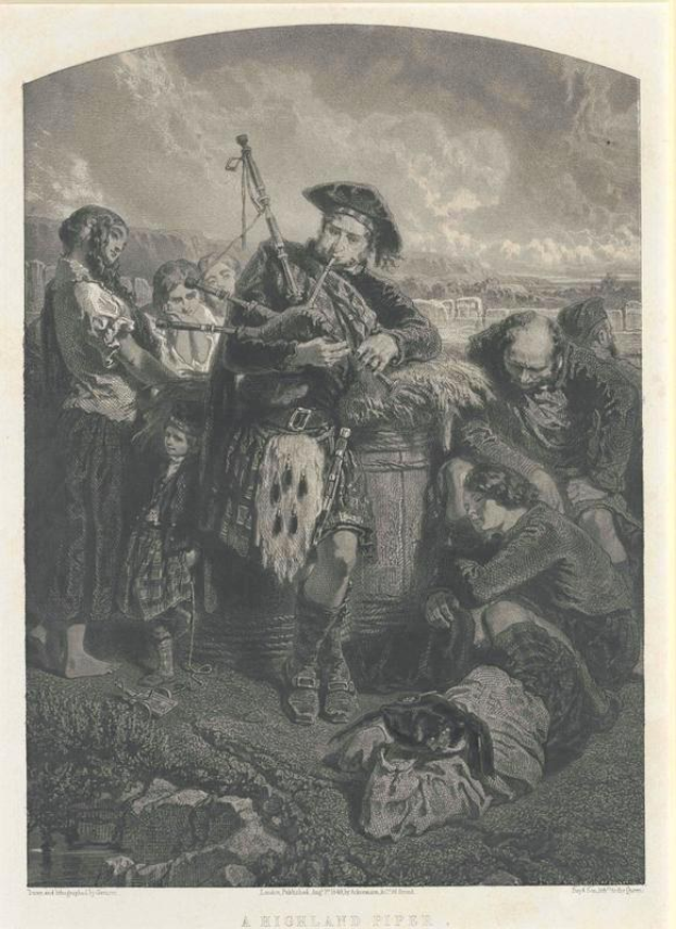Schwarze und weiße Gravur eines Mannes, der eine Dudelsack vor einer Gruppe von Menschen spielt, mit einem bewölkten Himmel im Hintergrund und dem Text "Ein Highland-Pfeife" unten.