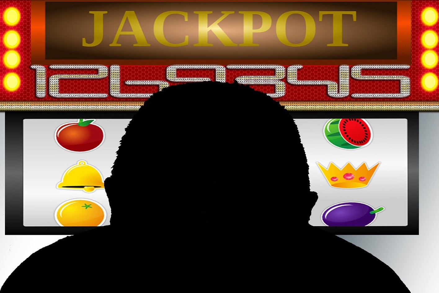 Ein Mann, der an einem Spielautomaten spielt, mit 'Jackpot' angezeigt, umgeben von einer Online-Casino-Oberfläche mit Obst-Symbolen und Text.
