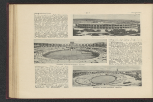 Offenes Buch mit Stadionbild und begleitendem Text und Fotos.