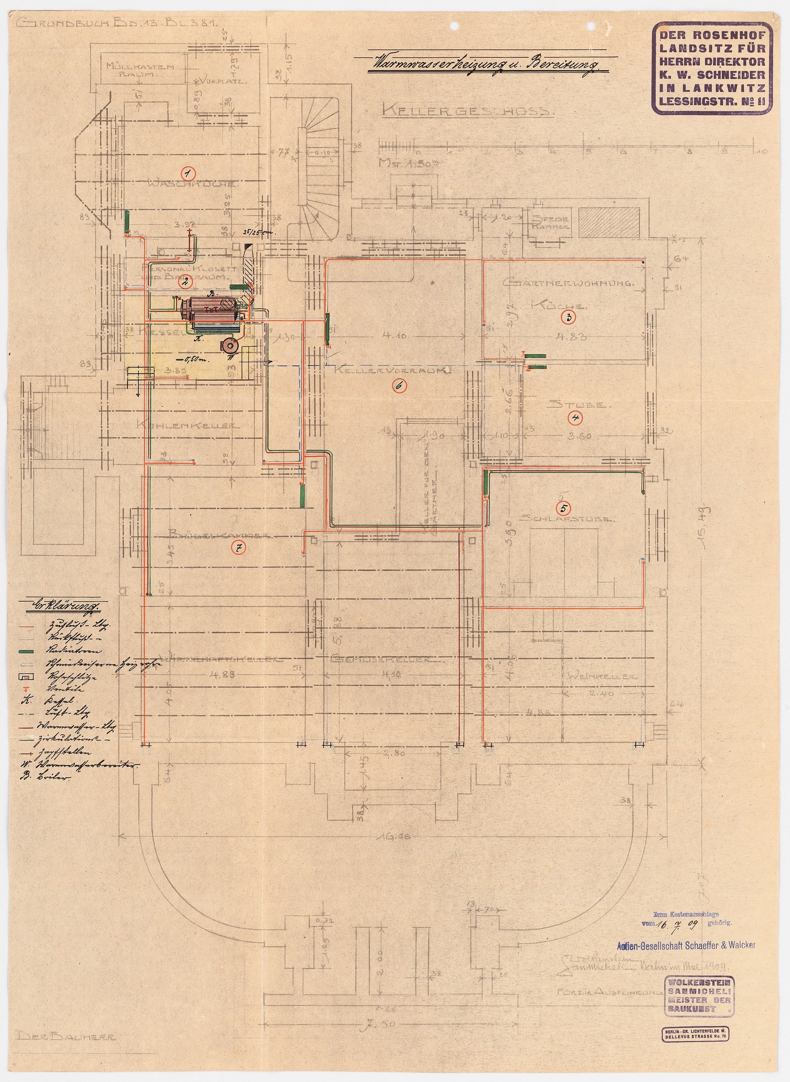 Schwarzes und weißes Architekturzeichnung eines Rosenhof-Krankenhauses in Hamburg, Deutschland, zeigt detaillierte Pläne mit zahlreichen Drähten, Zimmern, Fluren und Textanmerkungen auf altem Papier.