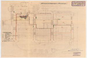 Schwarzes und weißes Architekturzeichnung eines Rosenhof-Krankenhauses in Hamburg, Deutschland, zeigt detaillierte Pläne mit zahlreichen Drähten, Zimmern, Fluren und Textanmerkungen auf altem Papier.