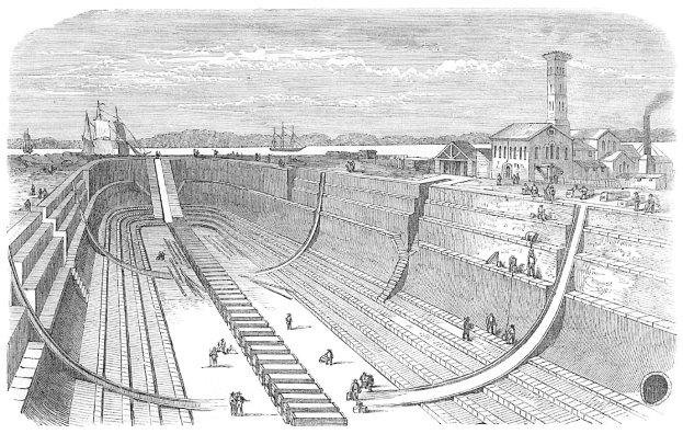 Schwarze und weiße Zeichnung eines großen Damms mit Menschen darauf, umgeben von Gebäuden, Bäumen und einem bewölkten Himmel, mit Text unten, der 'Wasserwerke in den Vereinigten Staaten' lautet.