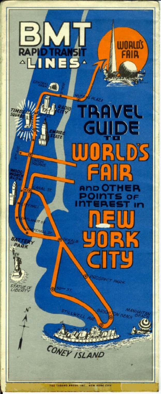 Ein Plakat mit einer Karte der Weltausstellung New York 1964 und Textinformationen zu dem Ereignis und seinen Attraktionen.