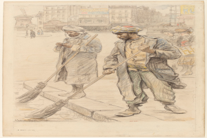 Zwei Männer kehren eine Straße mit Besen, umgeben von Gebäuden, Menschen, Pfählen und anderen Gegenständen, mit Text am unteren Bildrand.