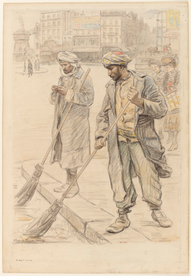 Zwei Männer kehren eine Straße mit Besen, umgeben von Gebäuden, Menschen, Pfählen und anderen Gegenständen, mit Text am unteren Bildrand.