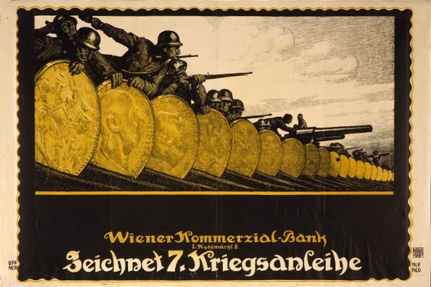 Deutsches Propagandaplakat aus dem Zweiten Weltkrieg, das bewaffnete Soldaten in Helmen mit dem Text 'Wiener Kommmerzial Bank' unten zeigt.
