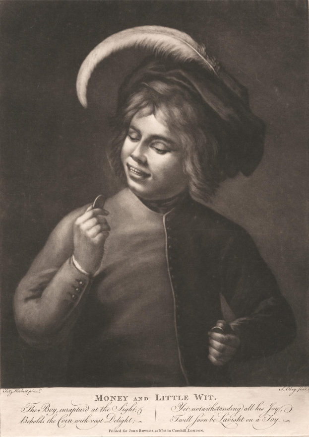 Ein junger Junge in einer Mütze hält eine Zigarette und schaut frech, mit dem Text 'Geld und wenig Verstand' unten.