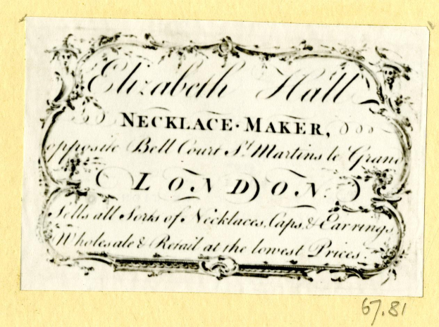 Alte Visitenkarte mit Abbildung eines Schmuckherstellers und Textbeschreibung der Dienstleistungen.