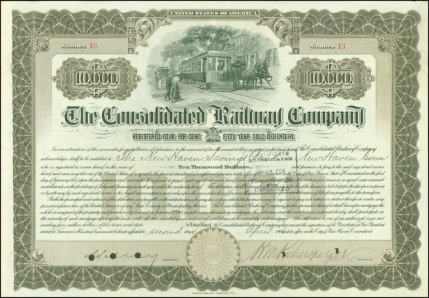 Konsolidiertes Bahnaktien-Zertifikat mit einer Illustration eines Zuges, umrahmt und mit gedruckten Unternehmensdetails.
