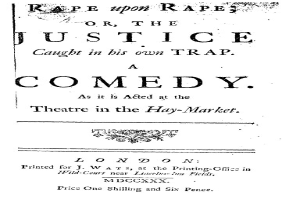 Schwarzes und weißes Plakat, das eine Komödie mit dem Titel "Vergewaltigung auf Vergewaltigung oder die Gerechtigkeit, die in ihrer eigenen Falle gefangen ist" ankündigt.