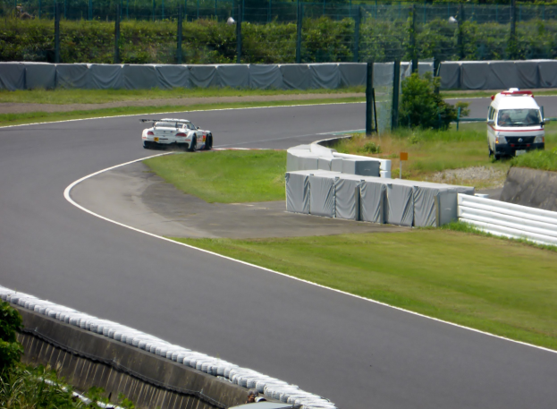 Ein Rennauto fährt auf einer Rennstrecke mit einem Polizeiwagen im Hintergrund, umgeben von Gras, Pflanzen, Bäumen und Absperrungen, mit einem Fahrzeug auf der rechten Seite und Text unten.