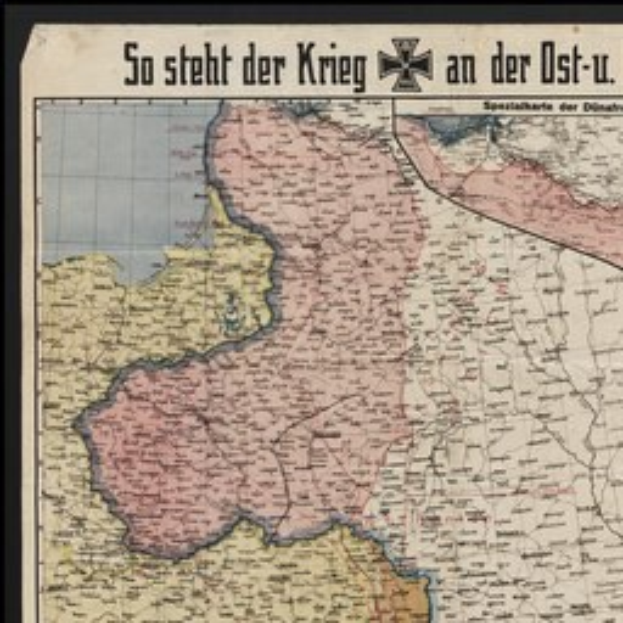 Ein gerahmtes Deutschland-Karte mit teilweise lesbarem Text: "So Steht der Krieg an der Ost-U."