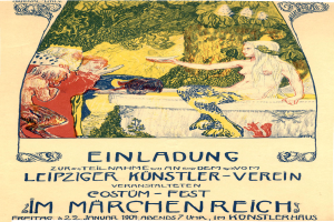 Ein Plakat, das ein Festival in München ankündigt und ein Gemälde einer Frau mit menschlichem Gesicht zeigt, umgeben von anderen Menschen und Bäumen mit Text.