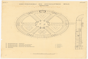 Ein detailliertes Zeichnung der Reichshauptbank in Berlin, Deutschland, ein rundes Gebäude mit zahlreichen Fenstern, begleitet von Text und einem Layout-Diagramm.