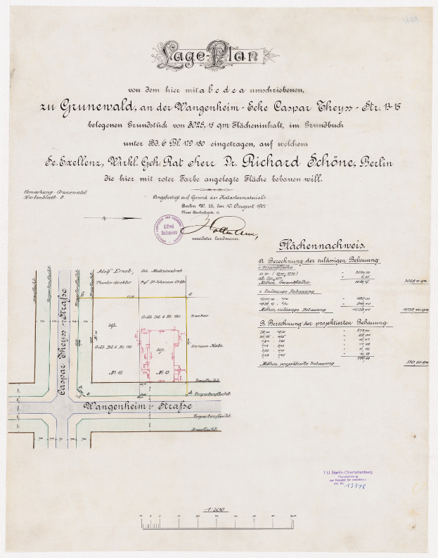 Ein detaillierter alter Stadtplan eines Parkplatzes in Berlin, der das Layout, Text und einen Stempel zeigt, der den Standort angibt.