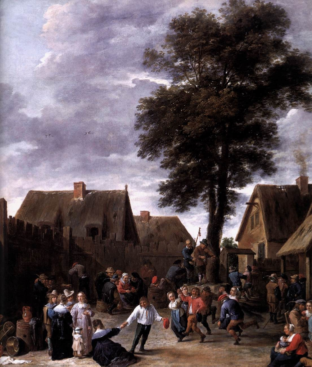 Gemälde mit dem Titel "Der Tanz im Dorf" von Jan Brueghel dem Jüngeren, das eine Dorfplatzszene mit Menschen, Häusern, Bäumen, einem hölzernen Zaun, bewölktem Himmel und fliegenden Vögeln zeigt.