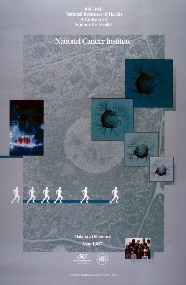 Buntes Plakat für das National Cancer Institute mit blauem Hintergrund und weißer Schrift, das einen Kreis aus überlappenden Bildern von strahlenden Menschen verschiedenen Alters, Geschlechts und Ethnien um die fettgedruckte, großgeschriebene Überschrift zeigt.