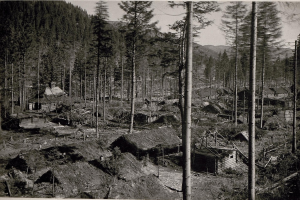 Schwarzes und weißes Foto eines kleinen Dorfes mit Hütten, Bäumen und Bergen im Hintergrund, mit Text unten.