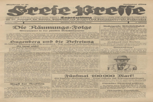 Schwarz-weißer Titelseite der deutschen Ausgabe einer Zeitung vom 29. September 1929 mit einem Foto eines Mannes im Anzug und Hut mit der Schlagzeile "Sugenberg und die Defreiung."