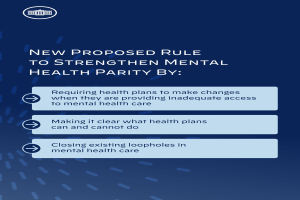 Ein blauer Hintergrund mit weißer Schrift und einem weißen Kreis-Logo mit einer blauen Umrandung, das eine neue vorgeschlagene Regel zur Stärkung der psychischen Gesundheit umrandet.