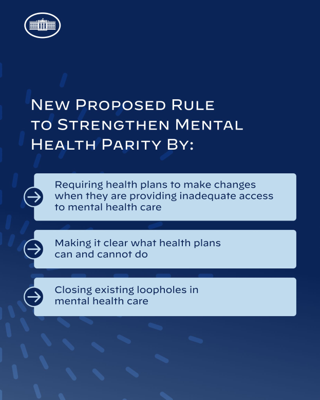 Ein blauer Hintergrund mit weißer Schrift und einem weißen Kreis-Logo mit einer blauen Umrandung, das eine neue vorgeschlagene Regel zur Stärkung der psychischen Gesundheit umrandet.