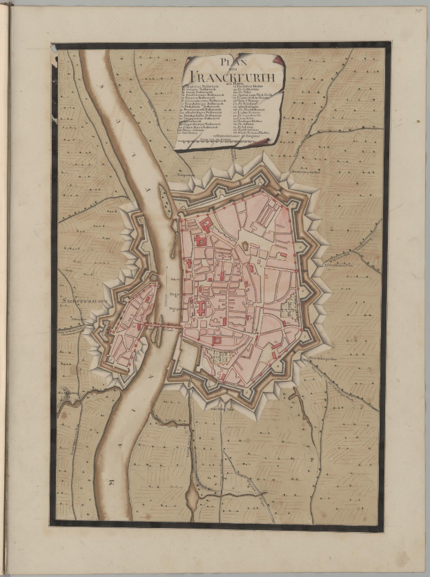 Altes Buch mit einer detaillierten Karte von Frankfurt, Deutschland, das Straßen, Gebäude und Sehenswürdigkeiten zeigt, begleitet von Text, der die Karte beschreibt.