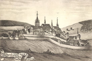 Eine Schwarz-Weiß-Zeichnung einer Stadt mit einer zentralen Burg, umgeben von Häusern, Bäumen, Hügeln und einem Himmel, mit dem Text 'Bayerisch' unten.