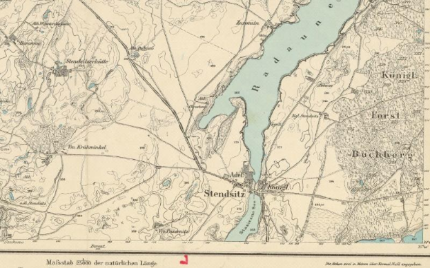 Ein detaillierter alter Stadtplan von Stendsitz, Deutschland, der Straßen, Gebäude, Sehenswürdigkeiten und einen durch die Stadt fließenden Fluss zeigt, mit Textinformationen zur Bevölkerung, Bevölkerungsdichte und Lage der Stadt.