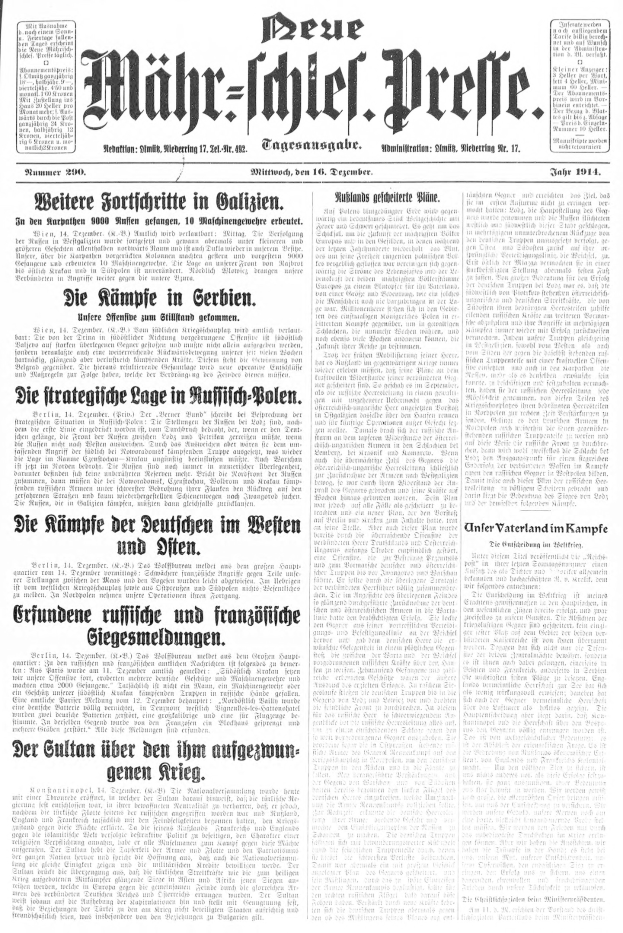 Schwarze und weiße Titelseite einer deutschen Zeitung vom 18. September 1914 mit einem Mann im Anzug und Krawatte und der Überschrift "Deutsches Reichstag, Vol 1, No 1".