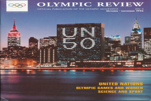 Ein Buch mit dem Titel "Olympische Spiele: Offizielle Veröffentlichung der Olympischen Bewegung" liegt auf einer flachen Oberfläche und zeigt auf dem Cover eine Stadtlandschaft mit Gebäuden, Lichtern und Wasser, sowie den Text "Olympische Spiele der Vereinten Nationen und Frauen Wissenschaft und Sport"