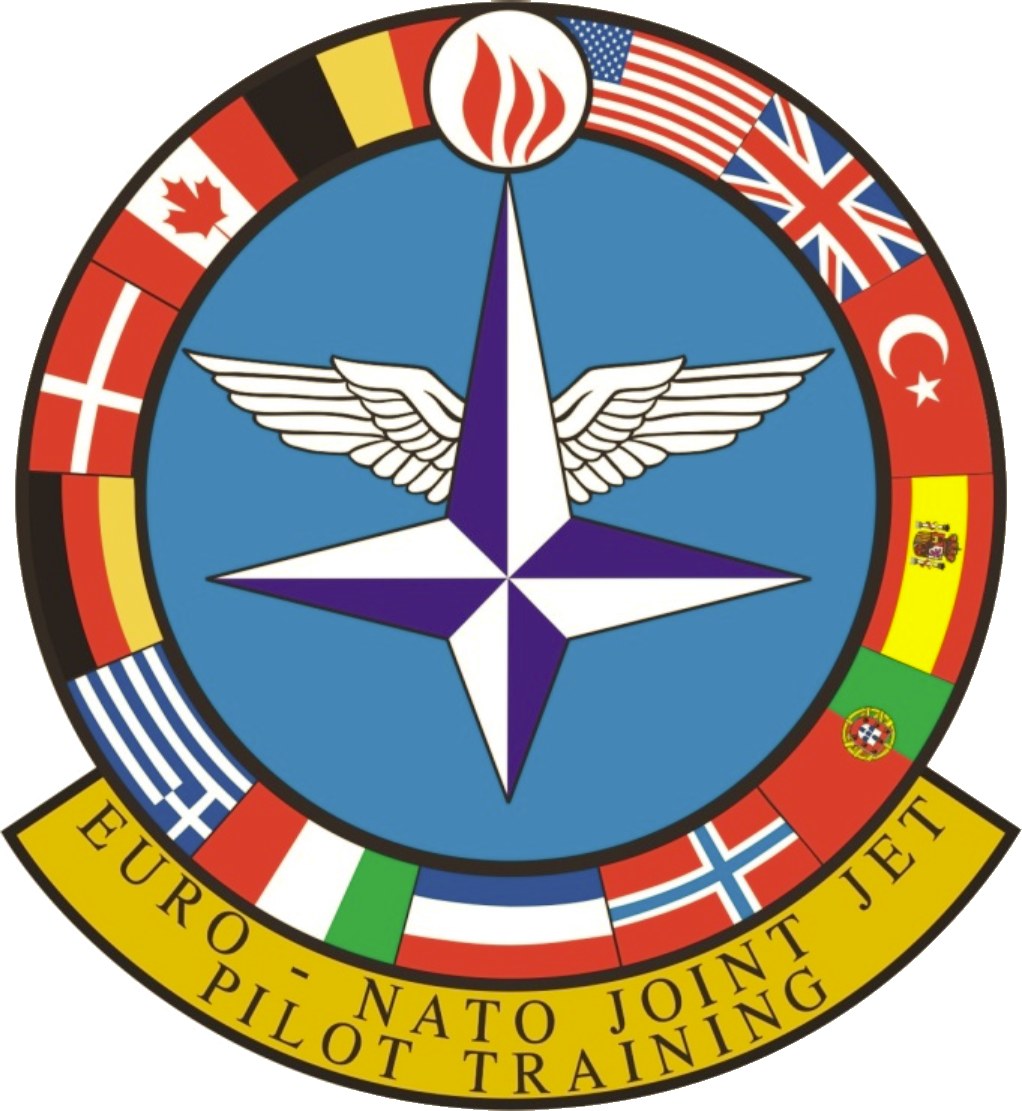 Blauer Kreis mit weißer Sternmitte, umgeben von vier farbigen Flaggen und weißer Beschriftung 'NATO Joint Jet'.