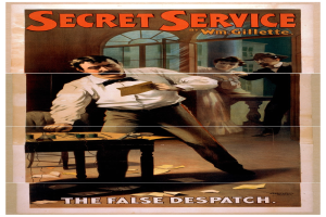 Ein Mann steht in der Mitte eines Plakats und h├Ąlt ein Blatt Papier in der Hand, flankiert von zwei anderen Personen, mit verschiedenen Gegenst├Ąnden auf einem Tisch vor ihm; der Text "Geheimer Dienst von W.M. Gillette - Die Falsche Depesche" ist oben und unten angezeigt.