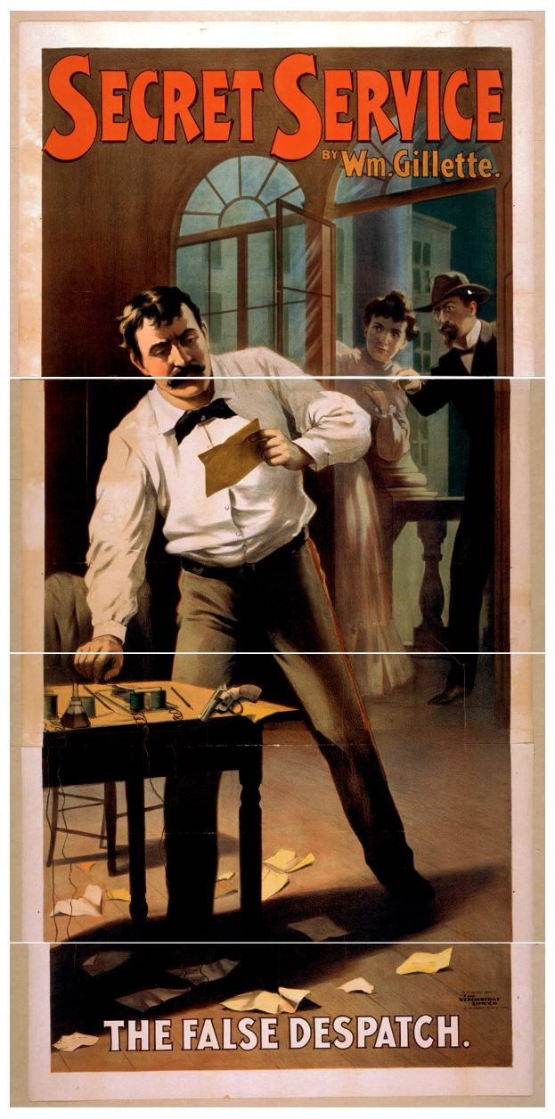 Ein Mann steht in der Mitte eines Plakats und h├Ąlt ein Blatt Papier in der Hand, flankiert von zwei anderen Personen, mit verschiedenen Gegenst├Ąnden auf einem Tisch vor ihm; der Text "Geheimer Dienst von W.M. Gillette - Die Falsche Depesche" ist oben und unten angezeigt.