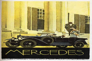 Vintage-Plakat aus den 1920er-Jahren von Mercedes-Benz mit einem klassischen Auto mit zwei Insassen, das vor einem modernen Gl├Ąserturm geparkt ist, mit 'Mercedes-Benz'-Text unten.