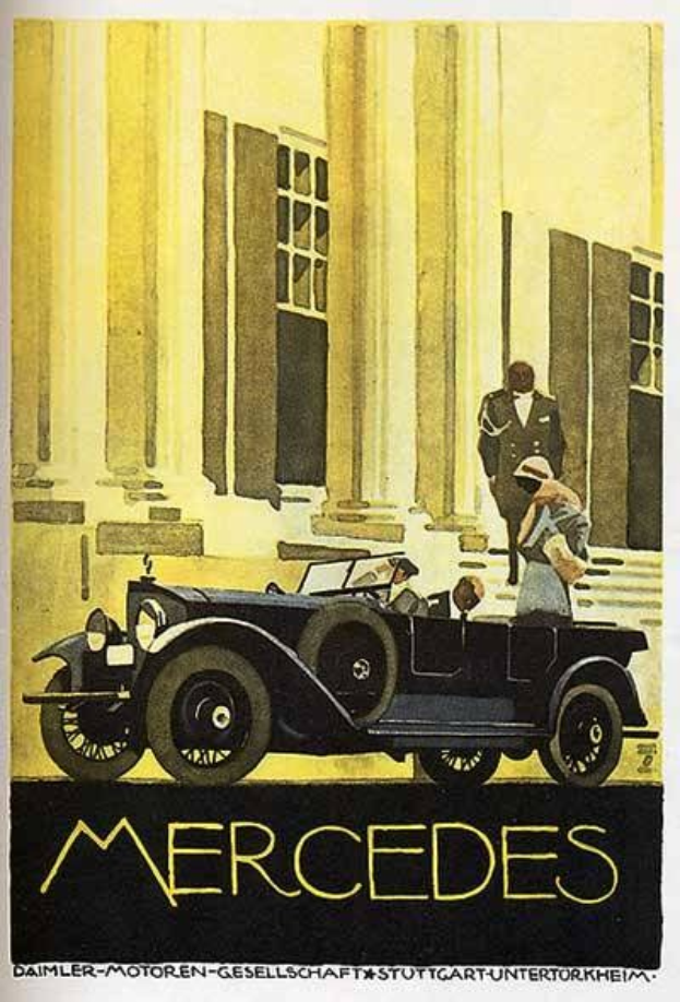 Vintage-Plakat aus den 1920er-Jahren von Mercedes-Benz mit einem klassischen Auto mit zwei Insassen, das vor einem modernen Gl├Ąserturm geparkt ist, mit 'Mercedes-Benz'-Text unten.