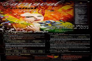 Eine Frau in einem bunten Kleid, die lächlt, umgeben von der Schrift "Karnevalsfest 2014" in fetter schwarzer Schrift auf einem leuchtend gelben Hintergrund.