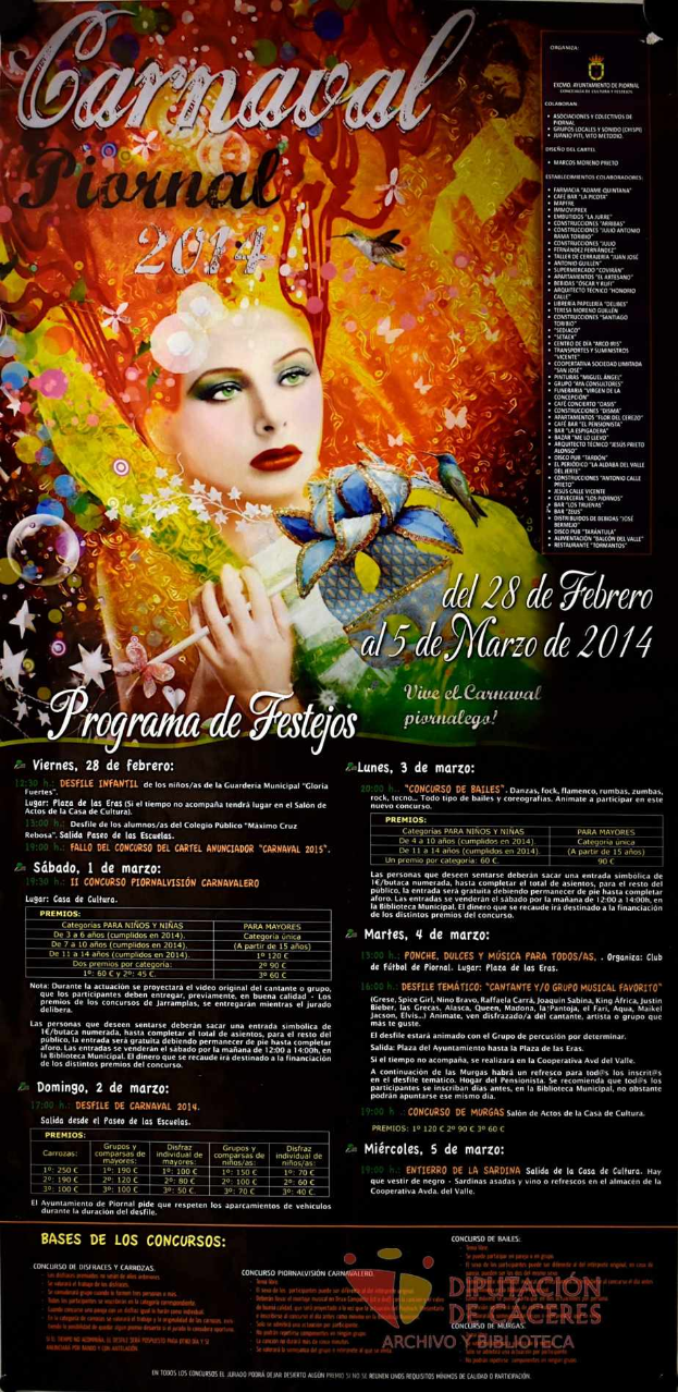 Eine Frau in einem bunten Kleid, die lächlt, umgeben von der Schrift "Karnevalsfest 2014" in fetter schwarzer Schrift auf einem leuchtend gelben Hintergrund.