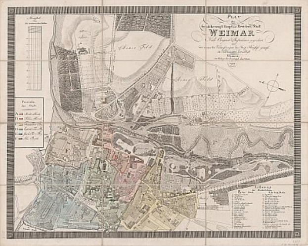 Ein detailliertes altes Stadtplan von Weimar, Deutschland, der Stra{\ss}en, Geb"{a}ude und Landmarken mit begleitendem Text "{u}ber die Stadtbev"{o}lkerung und Merkmale zeigt.