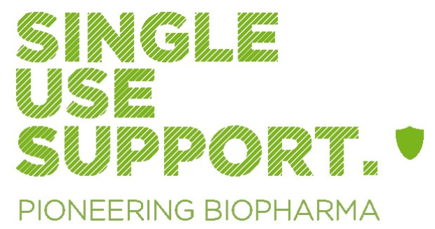 Der Text "single use support pioneering biopharma" in fetten grünen Buchstaben auf einem weißen Hintergrund.