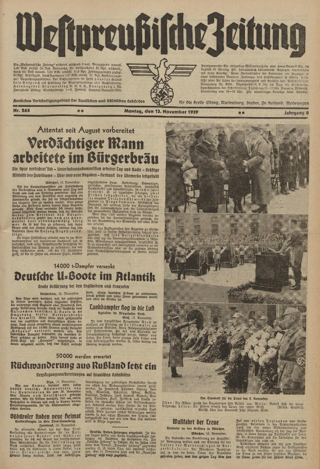 Schwarze und weiße Titelseite einer deutschen Zeitung vom 13. November 1939 mit der Schlagzeile "Weitpreubliche Zeitung" und einem Bild von Menschen in traditioneller deutscher Kleidung beim Feiern.