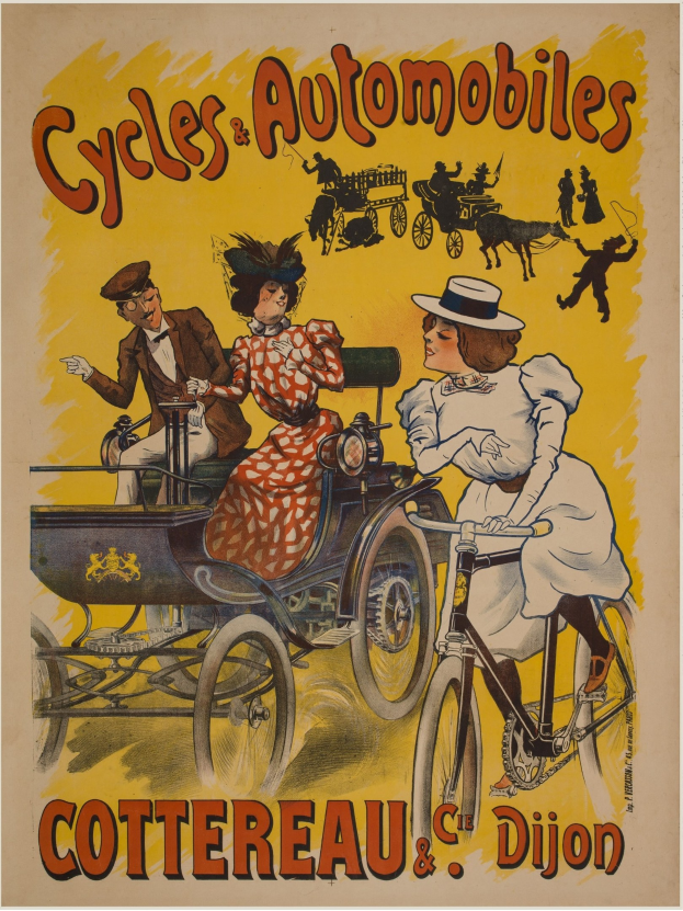 Werbeplakat aus Cottereau und Dijon, Frankreich, das Menschen auf Fahrrädern und eine Kutsche zeigt mit "Fahrräder und Automobile" oben drauf.