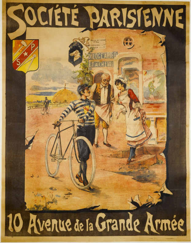 Plakat, das ein Fahrradrennen in Paris, Frankreich, ankündigt, mit einer Gruppe von Menschen, von denen einer ein Fahrrad hält, und einem Gebäude im Hintergrund, mit Textdetails zum Event.