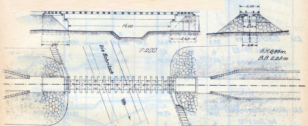 Ein detaillierter Architekturplan einer Baustelle für eine Wasseraufbereitungsanlage, mit verschiedenen Nummern und Textanmerkungen.