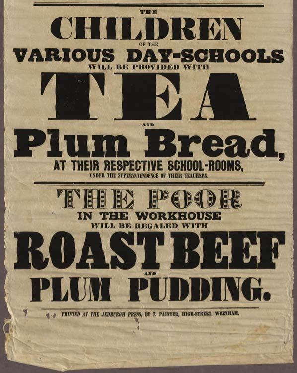 Ein Blatt mit Text, auf dem steht, dass Kindern verschiedener Tagesschulen Tee, Zwetschgenbrot, Roastbeef und Zwetschgenpudding serviert wird.