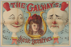 Ein Plakat für die Galway Music Excentrics mit einer Frau in der Mitte und zwei Clowns daneben, mit Text über die Zirkusvorstellung und ihre Künstler.