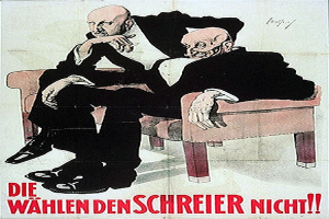 Ein deutsches Propagandaplakat für die NSDAP mit zwei Männern auf einem Sofa und Textinformationen über die Partei.