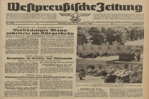 Schwarze Titelseite einer deutschen Zeitung vom 13. November 1939 mit der Überschrift "Weitpreubliche Zeitung", die eine Gruppe von Menschen in traditioneller deutscher Kleidung in einer feierlichen Umgebung zeigt.