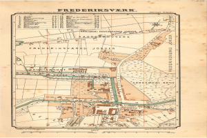 Ein detaillierter Stadtplan von Frederiksvark, Schweden aus dem Jahr 1885, der Straßen, Gebäude und Sehenswürdigkeiten zeigt.